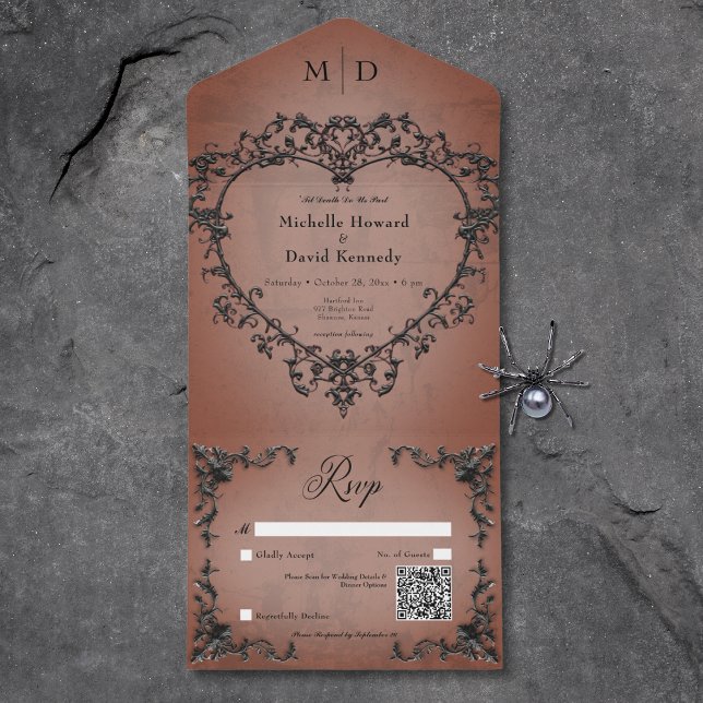 Gothic Black & Rust Filigree Heart QR Code All In One Invitation (Gothic Black & Rust Filigree Heart QR Code All In One Invitation)