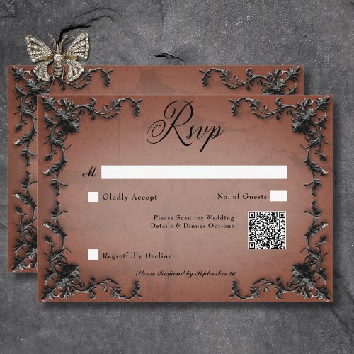 Gothic Black  Rust Filigree Heart QR Code RSVP Card