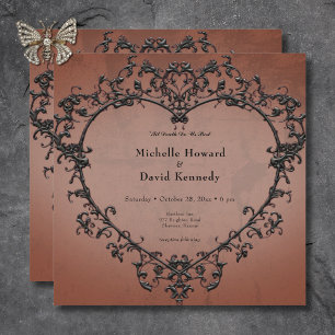 Gothic Black & Rust Filigree Heart Wedding Invitation