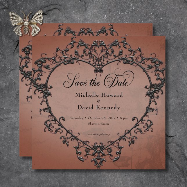 Gothic Black & Rust Filigree Heart Wedding Save The Date (Gothic Black & Rust Filigree Heart Wedding Save The Date)