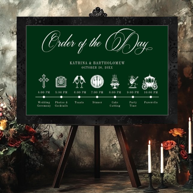Gothic Black Satin Damask Green Wedding Timeline Foam Board (Creator Uploaded)