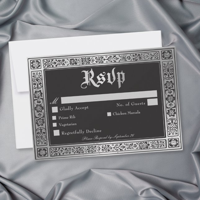 Gothic Black Silver Medieval Wedding RSVP Card (Gothic Black Silver Medieval Wedding RSVP Card)
