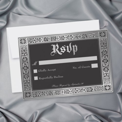 Gothic Black Silver Medieval Wedding RSVP Card