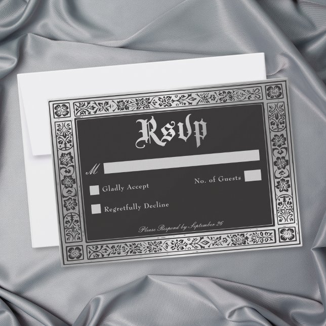 Gothic Black Silver Medieval Wedding RSVP Card (Gothic Black Silver Medieval Wedding RSVP Card)