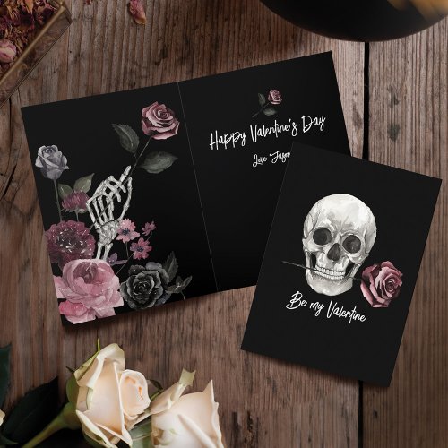 Gothic Black Skeleton Scull Rose Valentines Day Holiday Card