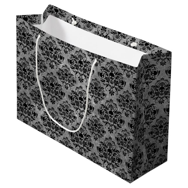 Gothic Black Skull Grunge Damask Pattern Large Gift Bag (Front Angled)