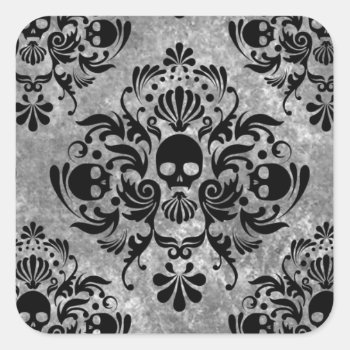 Gothic Black Skull Grunge Damask Pattern Square Sticker by its_sparkle_motion at Zazzle