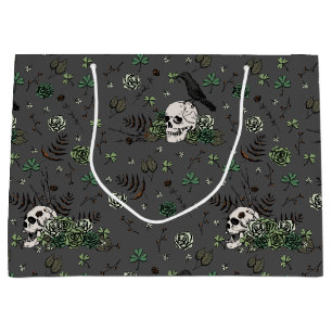 Gothic Black St Patricks Day Floral Skulls Irish  Large Gift Bag