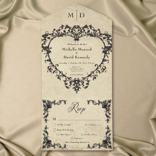 Gothic Black Tan Parchment Filigree Heart Wedding All In One Invitation