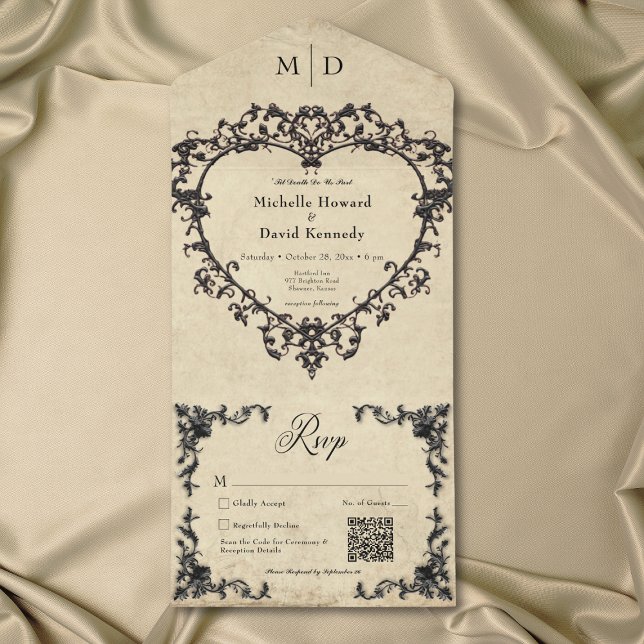 Gothic Black Tan Parchment Filigree Heart Wedding All In One Invitation (Gothic Black Tan Parchment Filigree Heart Wedding All In One Invitation)
