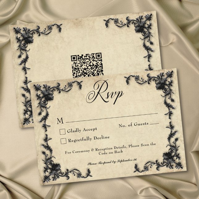 Gothic Black Tan Parchment Filigree Heart Wedding RSVP Card (Gothic Black Tan Parchment Filigree Heart Wedding QR RSVP Card)