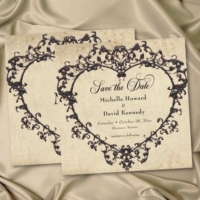 Gothic Black Tan Parchment Filigree Heart Wedding Save The Date (Gothic Black Tan Parchment Filigree Heart Wedding Save The Date)