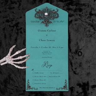 Gothic Black & Teal Halloween Filigree Dinner All In One Invitation