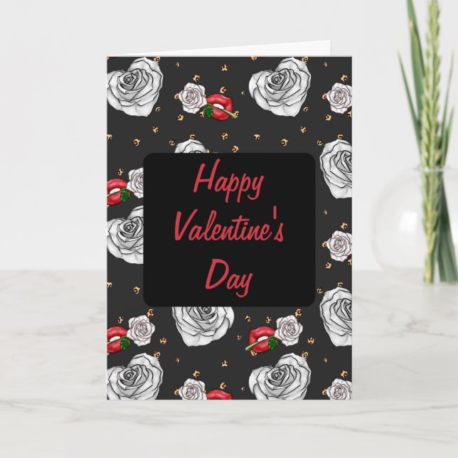 Gothic black Valentine's Day lips heart rose Card (Front)