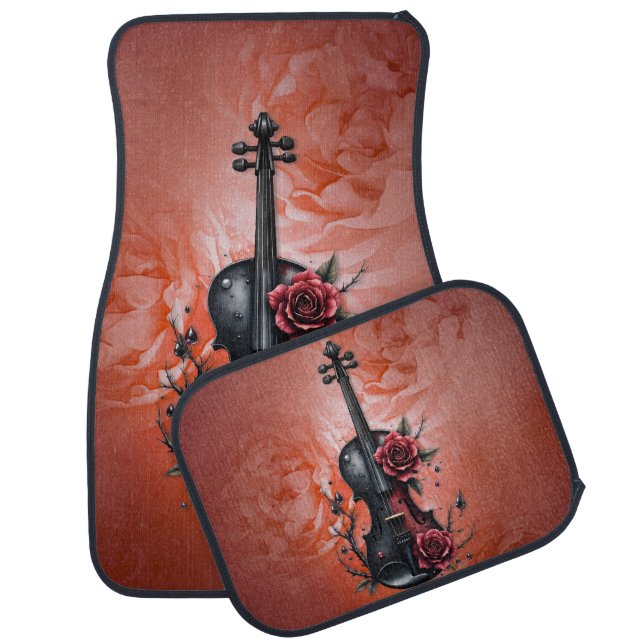 Gothic black violin with red roses  car floor mat (Set)