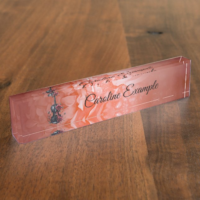 Gothic black violin with red roses desk name plate (Side)