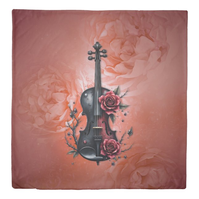 Gothic black violin with red roses duvet cover (Front)