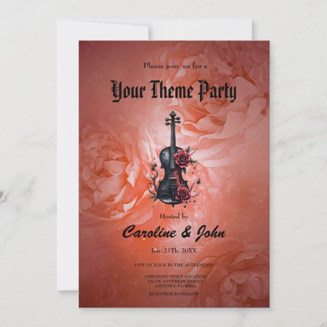 Gothic black violin with red roses  invitation (Front)
