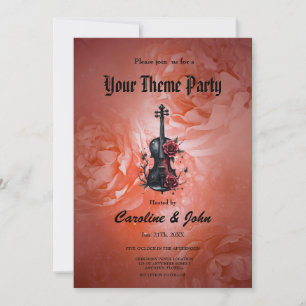 Gothic black violin with red roses invitation