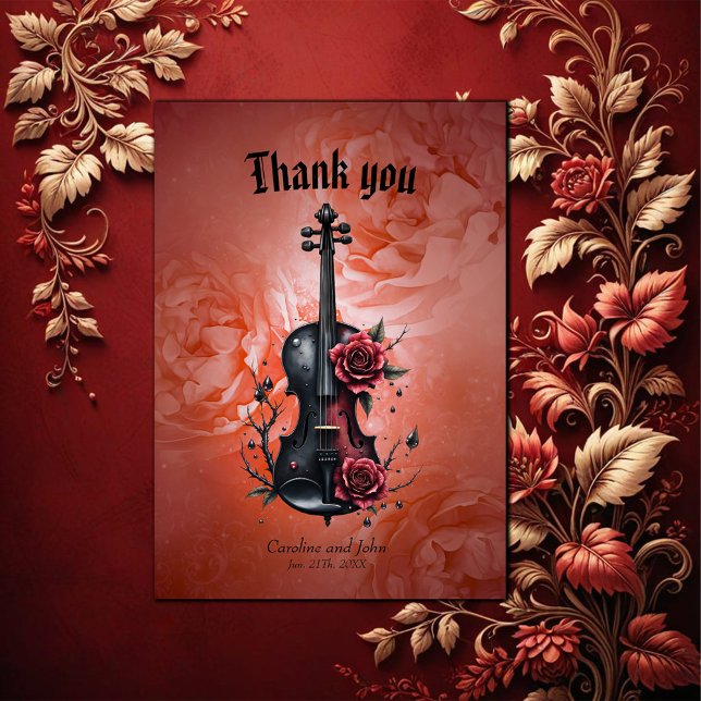 Gothic black violin with red roses thank you card (Creator Uploaded)