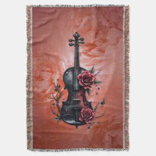Gothic black violin with red roses throw blanket