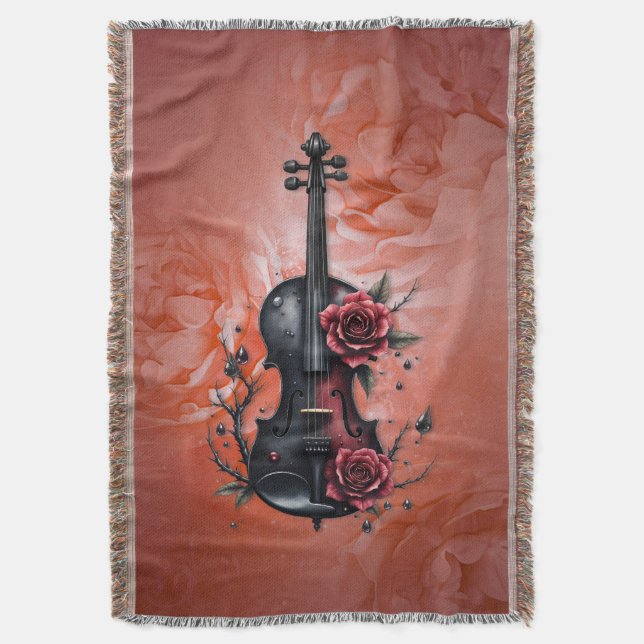 Gothic black violin with red roses  throw blanket (Front Vertical)
