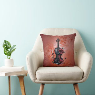 Gothic black violin with red roses throw pillow