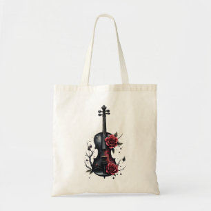 Gothic black violin with red roses tote bag