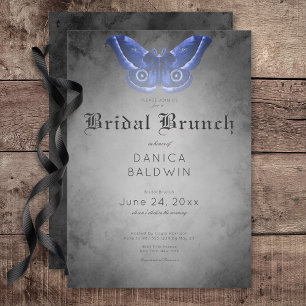 Gothic Black Watercolor Blue Moth Bridal Brunch Invitation