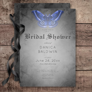 Gothic Black Watercolor Blue Moth Bridal Shower Invitation