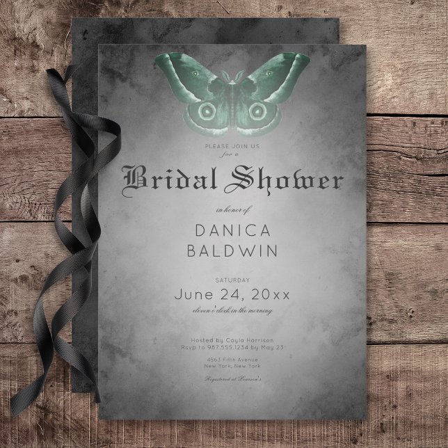 Gothic Black Watercolor Green Moth Bridal Shower Invitation (Gothic Black Watercolor Green Moth Bridal Shower Invitation)