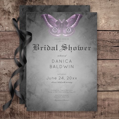 Gothic Black Watercolor Purple Moth Bridal Shower Invitation