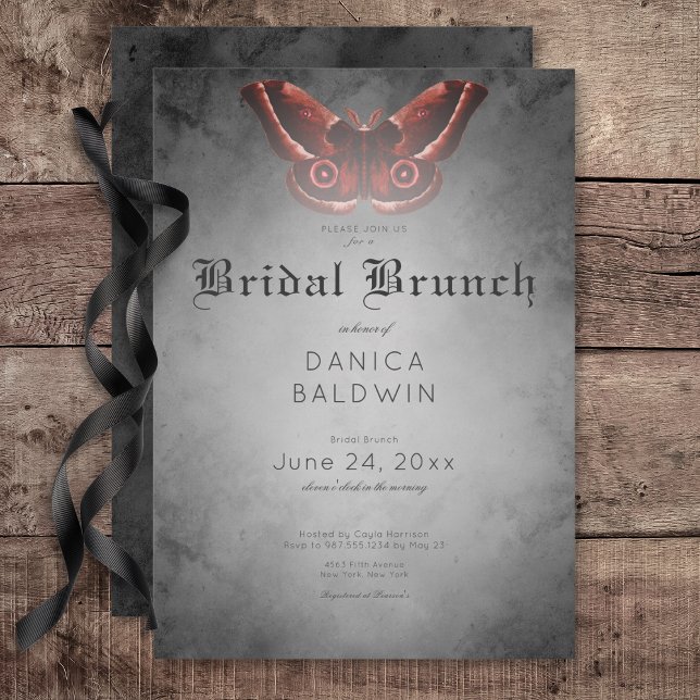 Gothic Black Watercolor Red Moth Bridal Brunch Invitation (Gothic Black Watercolor Red Moth Bridal Brunch Invitation)