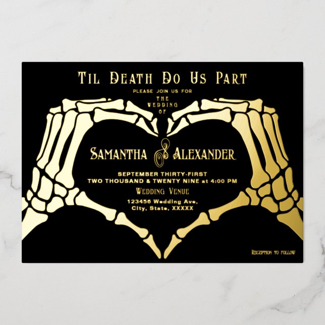 Gothic Black Wedding Skeleton Hands Till Death Foil Invitation (Front)