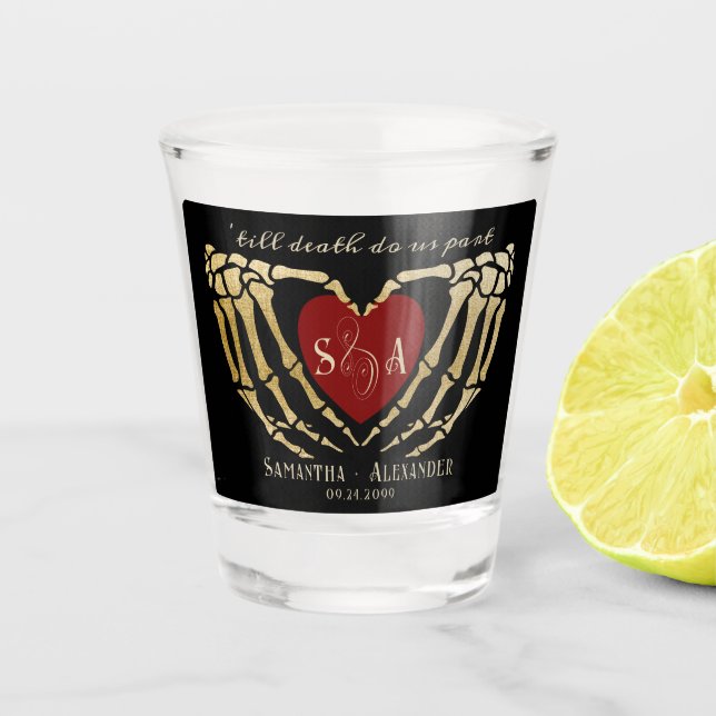 Gothic Black Wedding Skeleton Hands Till Death Shot Glass (Front)
