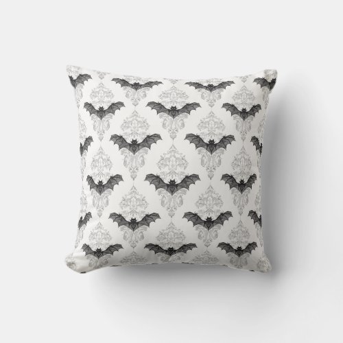 Gothic black white bats pattern throw pillow