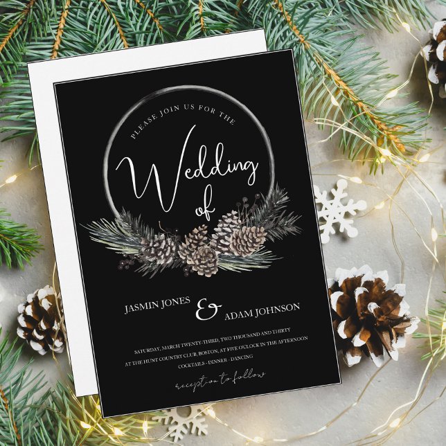 Gothic Black White Christmas Wreath Wedding Invitation (Creator Uploaded)