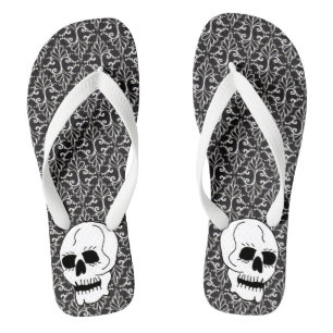 Gothic Black White Damask Pattern White Skull Flip Flops