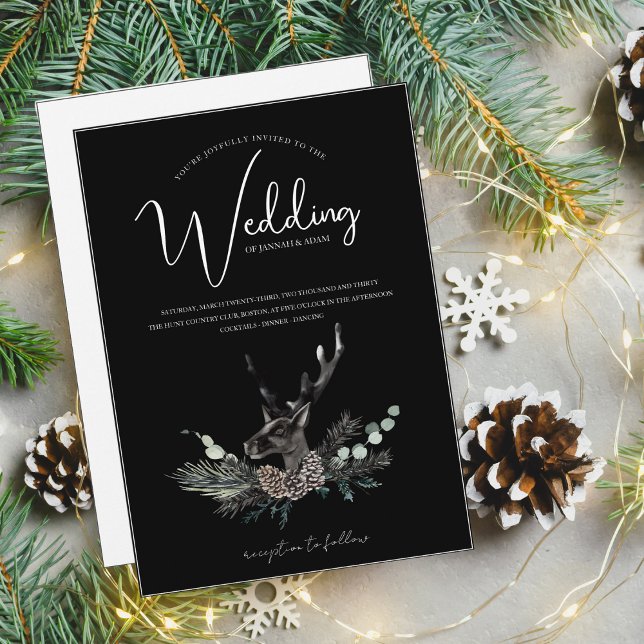 Gothic Black White Deer Christmas Wedding Invitation (Creator Uploaded)