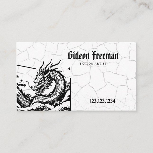 Gothic Black & White Dragon Tattoo Artist Business Card (Front)