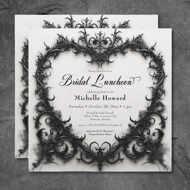 Gothic Black & White Filigree Heart Bridal Lunch Invitation (Gothic Black & White Filigree Heart Bridal Lunch Invitation)