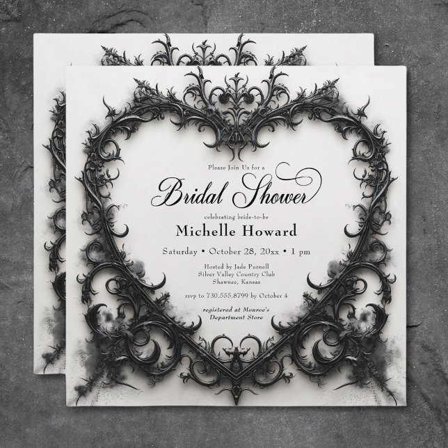 Gothic Black & White Filigree Heart Bridal Shower Invitation (Gothic Black & White Filigree Heart Bridal Shower Invitation)