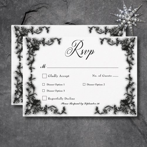 Gothic Black  White Filigree Heart Dinner RSVP Card