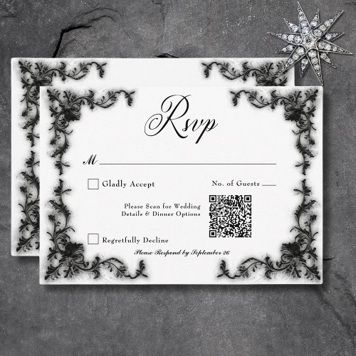 Gothic Black  White Filigree Heart QR Code RSVP Card