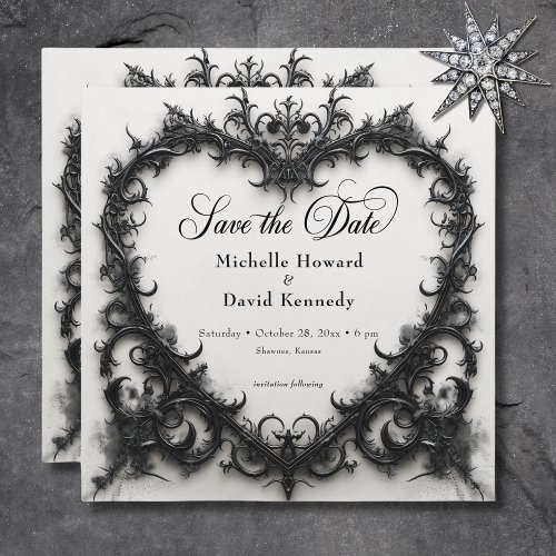 Gothic Black  White Filigree Heart Wedding Save The Date