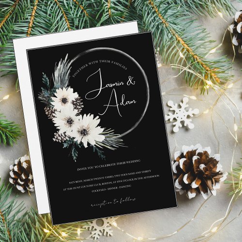 Gothic Black White Floral Wreath Christmas Wedding Invitation