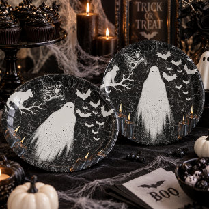 Gothic Black White Ghost Halloween Paper Plates
