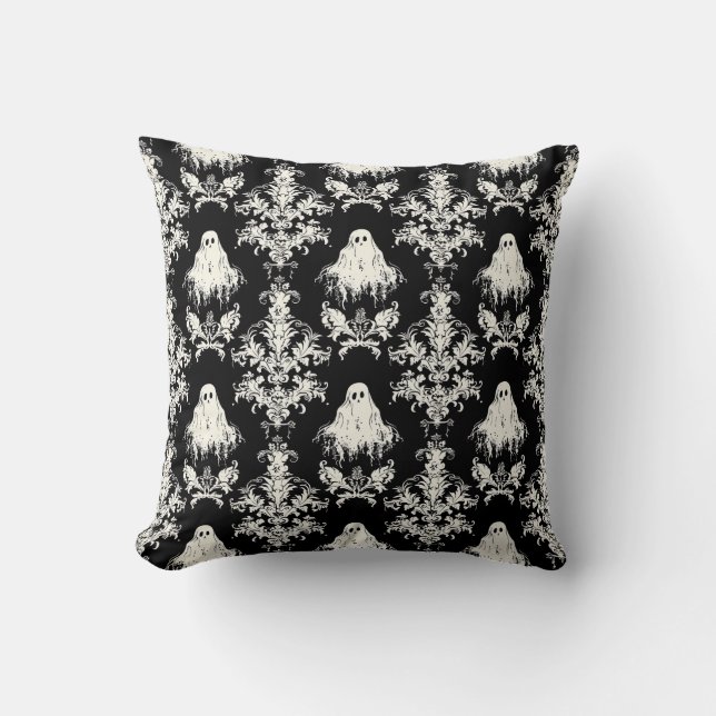 Gothic black white ghost pattern throw pillow (Front)