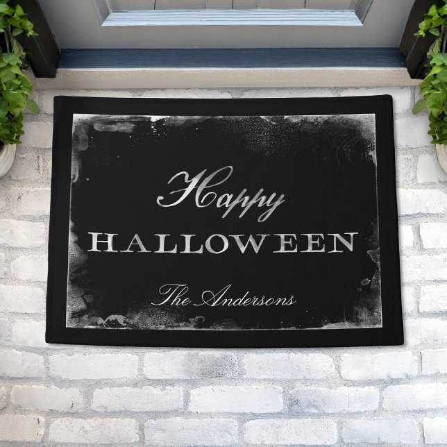 Gothic Black & White Happy Halloween Personalized  Doormat (Creator Uploaded)