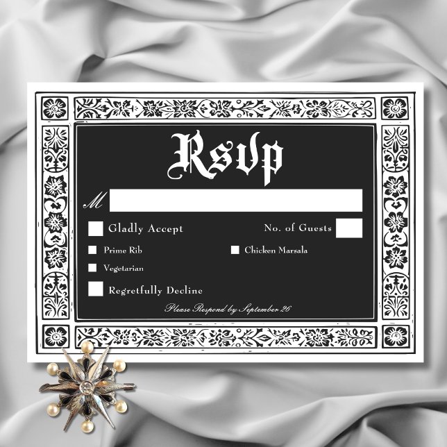 Gothic Black White Medieval Until Death Wedding RSVP Card (Gothic Black White Medieval Until Death Wedding Save The Date)